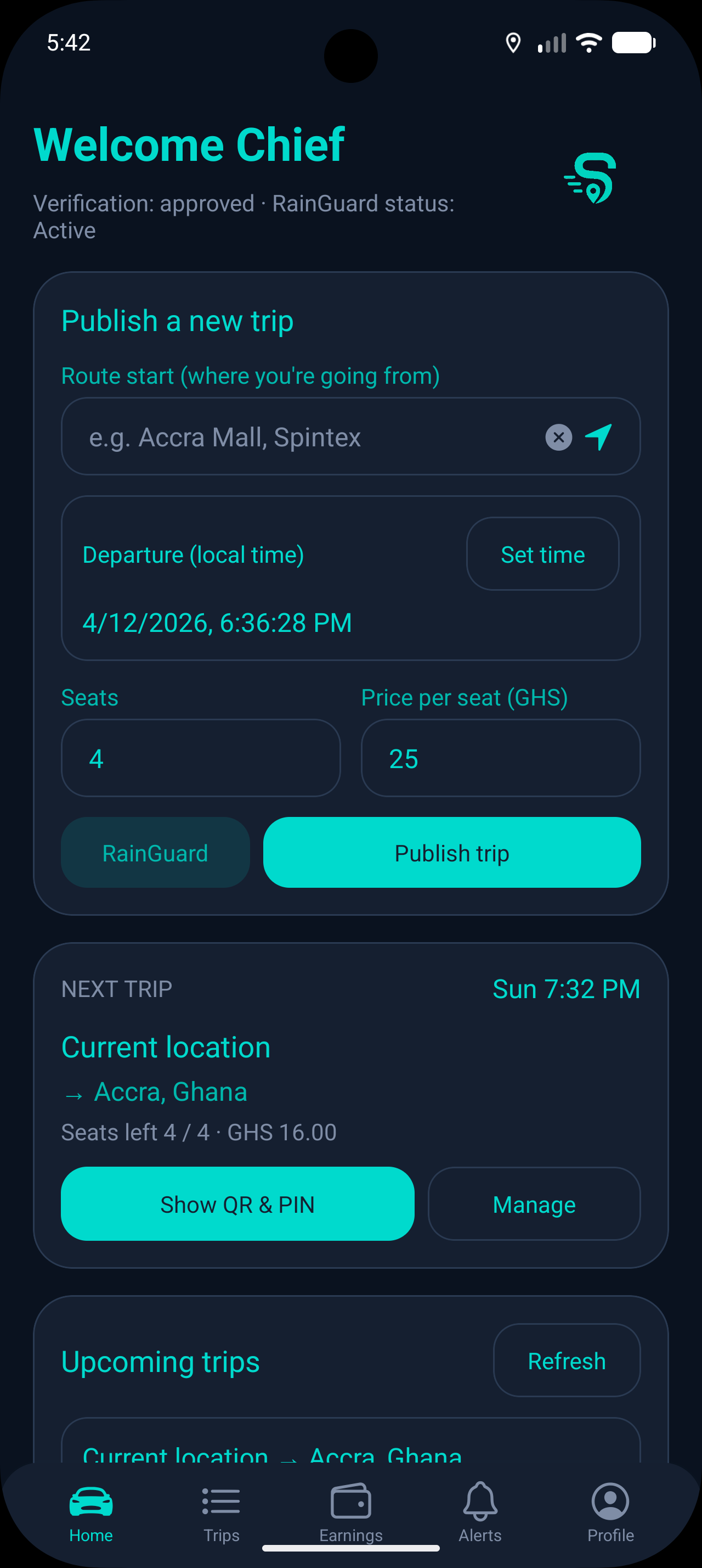 Driver home screen